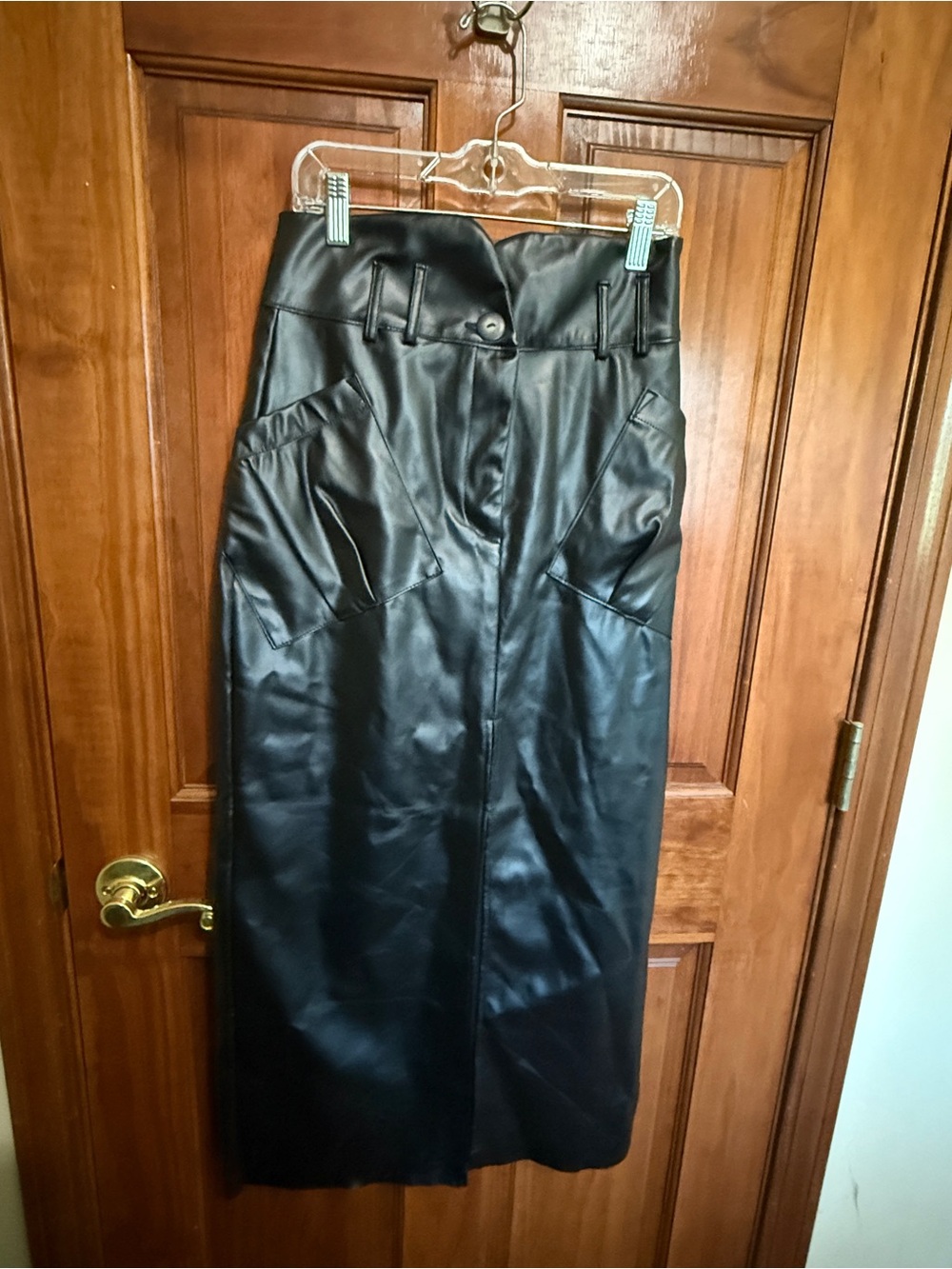 NWT! saltwater LUXE Black Faux Leather Maxi Skirt with Front Pockets